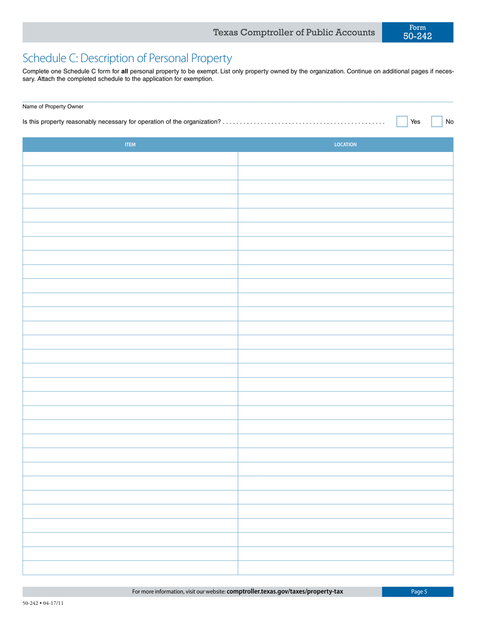 Form 50-242 Application for Charitable Organizations Improving Property for Low-Income Housing Property Tax Exemption - Texas, Page 5