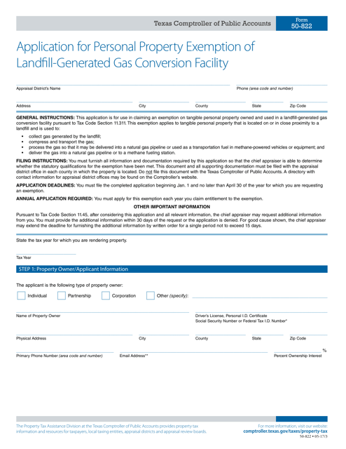 Form 50-822 Application for Personal Property Exemption of Landfill-Generated Gas Conversion Facility - Texas