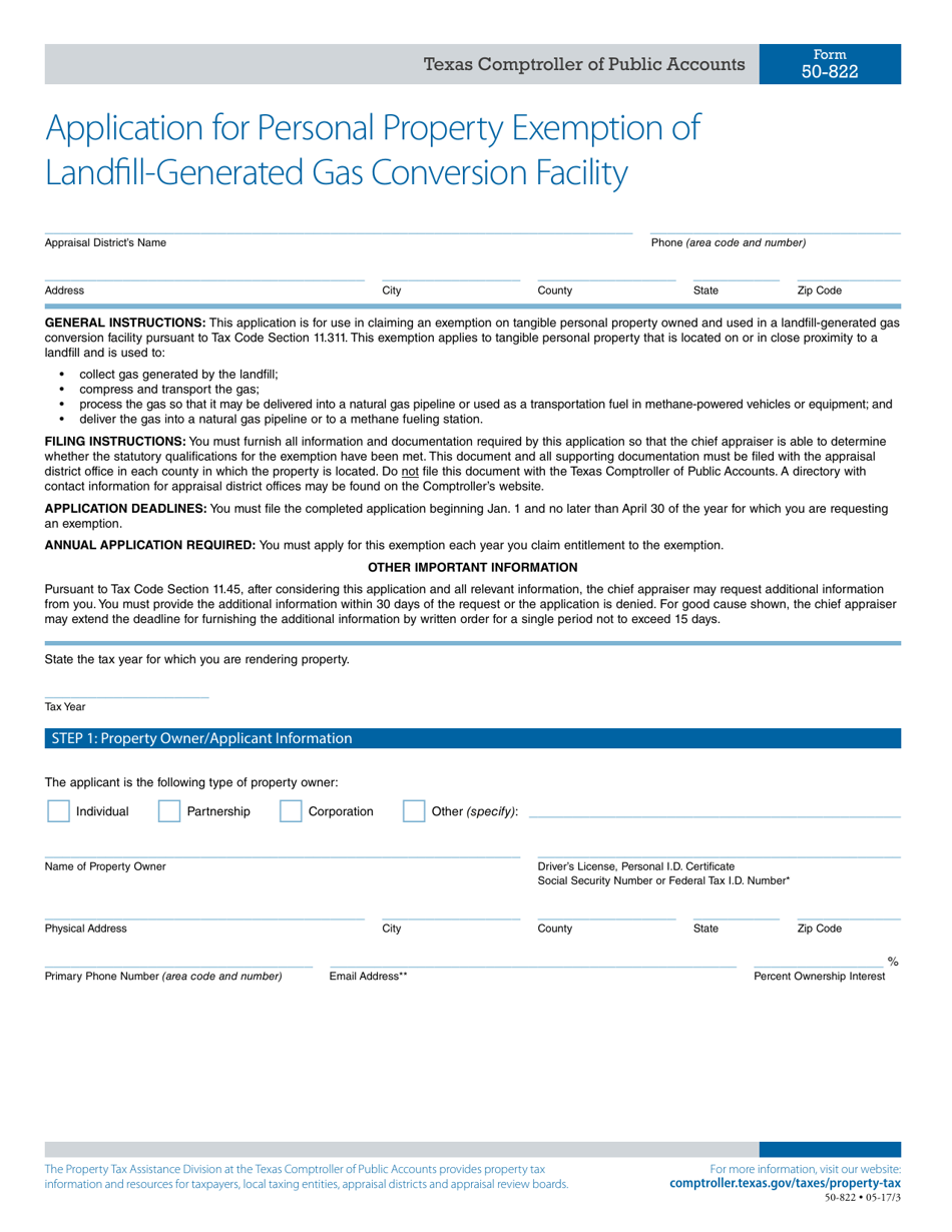 Form 50-822 Application for Personal Property Exemption of Landfill-Generated Gas Conversion Facility - Texas, Page 1