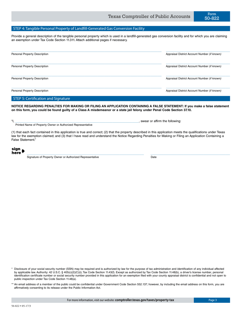 Form 50-822 Application for Personal Property Exemption of Landfill-Generated Gas Conversion Facility - Texas, Page 3