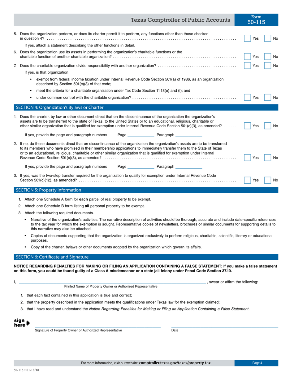 Form 50-115 Application for Charitable Organization Property Tax Exemption - Texas, Page 4