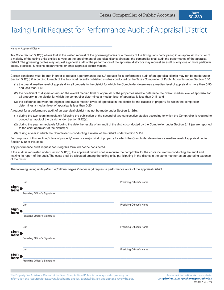 Form 50-239 Taxing Unit Request for Performance Audit of Appraisal District - Texas, Page 1