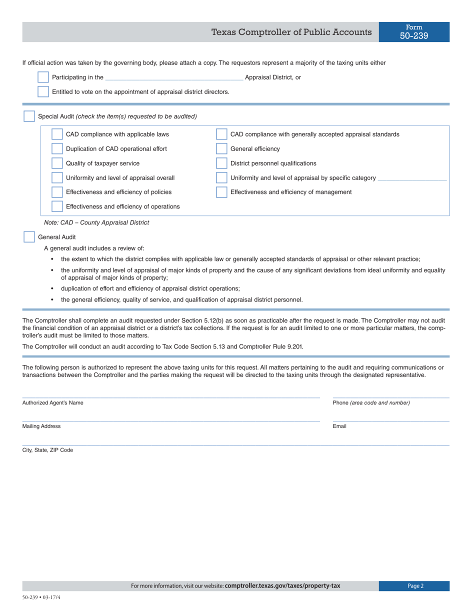 Form 50-239 Taxing Unit Request for Performance Audit of Appraisal District - Texas, Page 2