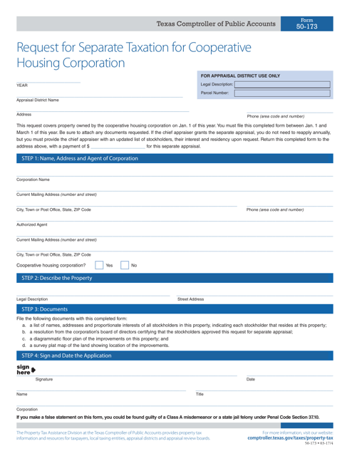 Form 50-173 Request for Separate Taxation for Cooperative Housing Corporation - Texas
