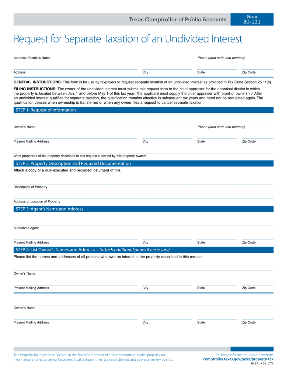 Form 50-171 Request for Separate Taxation of an Undivided Interest - Texas, Page 1