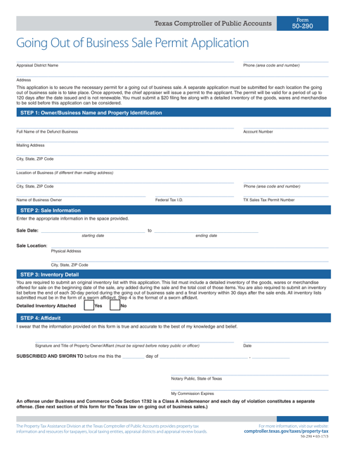 Form 50-290 Going out of Business Sale Permit Application - Texas