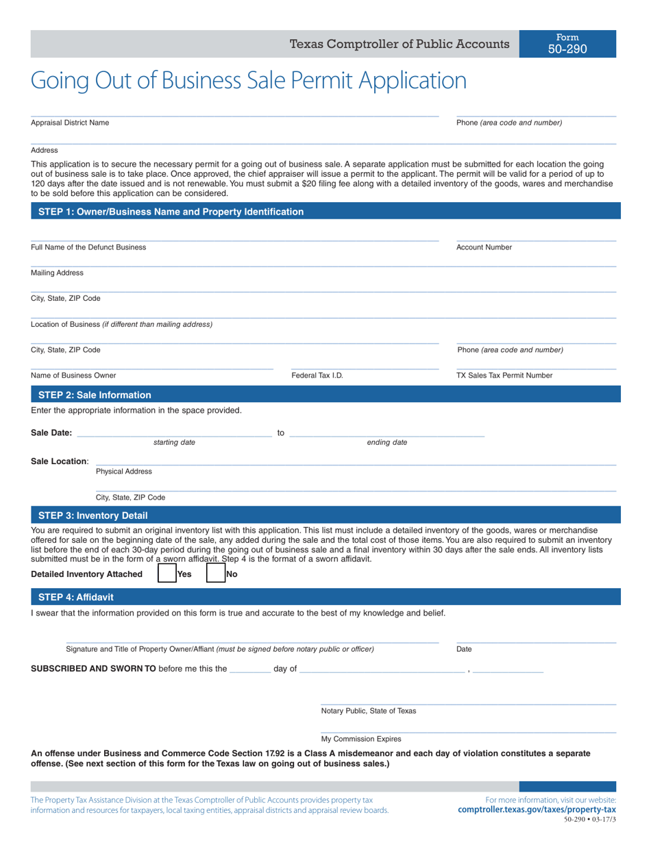 Form 50-290 Going out of Business Sale Permit Application - Texas, Page 1