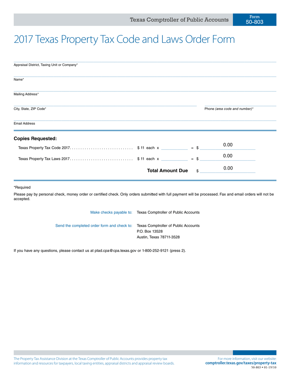 Form 50-803 2017 Texas Property Tax Code and Laws Order Form - Texas, Page 1