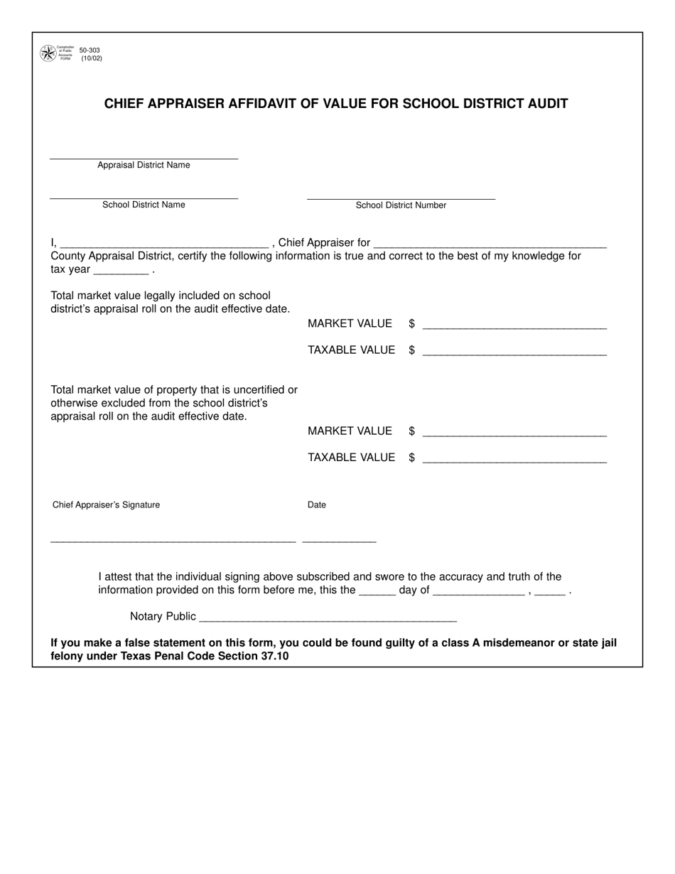 Form 50-303 Chief Appraiser Affidavit of Value for School District Audit - Texas, Page 1
