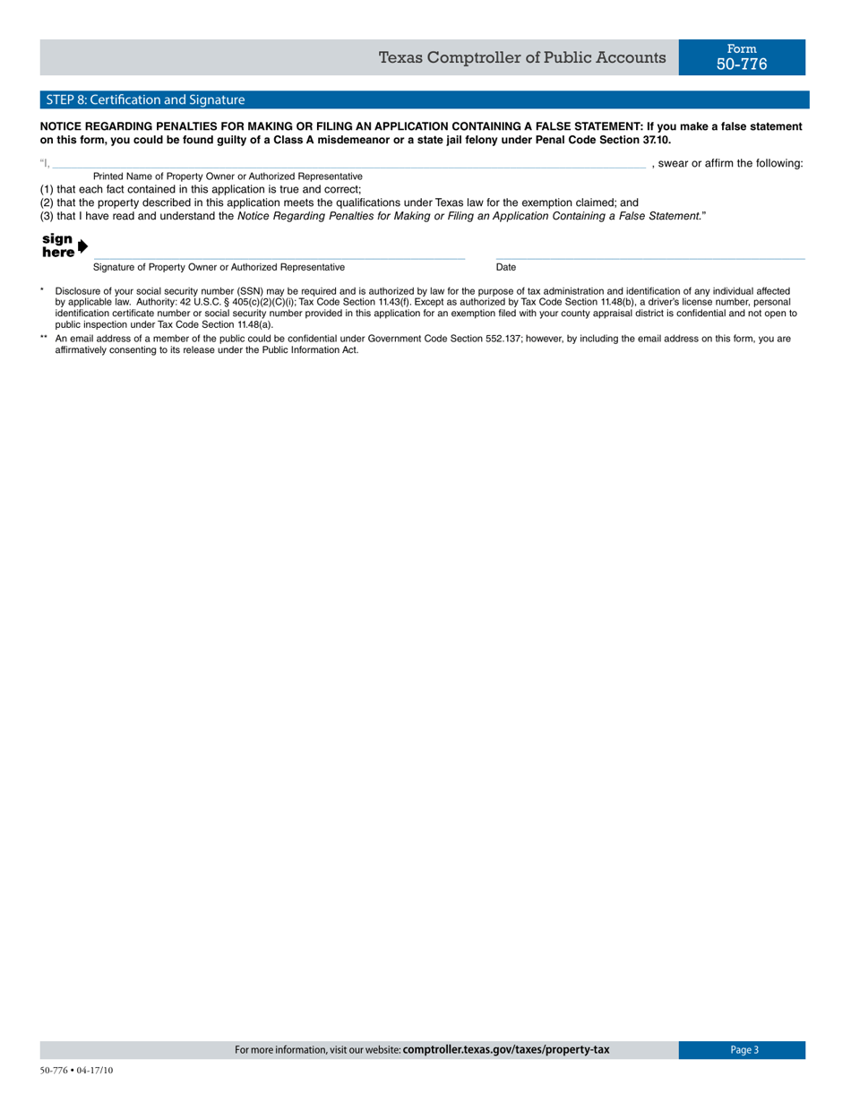 Form 50-776 Exemption Application for Nonprofit Community Business Organization Providing Economic Development Services to Local Community - Texas, Page 3