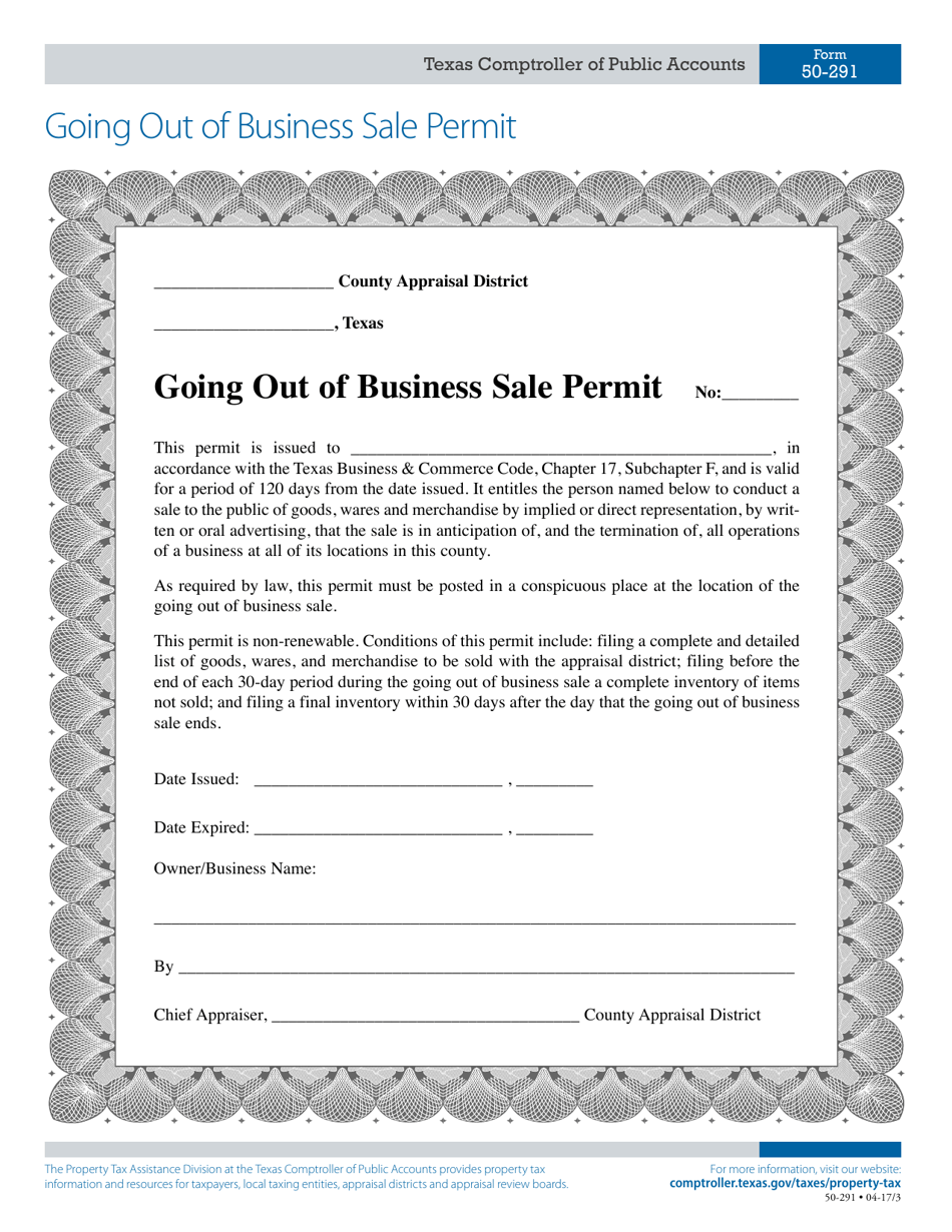 Form 50-291 Going out of Business Sale Permit - Texas, Page 1
