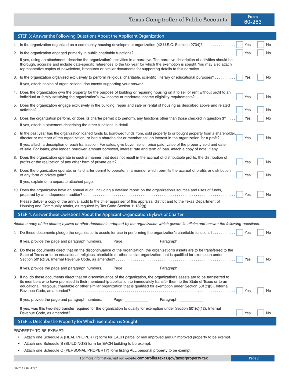Form 50-263 Application for Community Housing Development Organization Improving Property for Low-Income and Moderate-Income Housing Property Tax Exemption Previously Exempt in 2003 - Texas, Page 2
