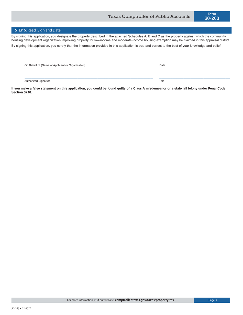 Form 50-263 Application for Community Housing Development Organization Improving Property for Low-Income and Moderate-Income Housing Property Tax Exemption Previously Exempt in 2003 - Texas, Page 3
