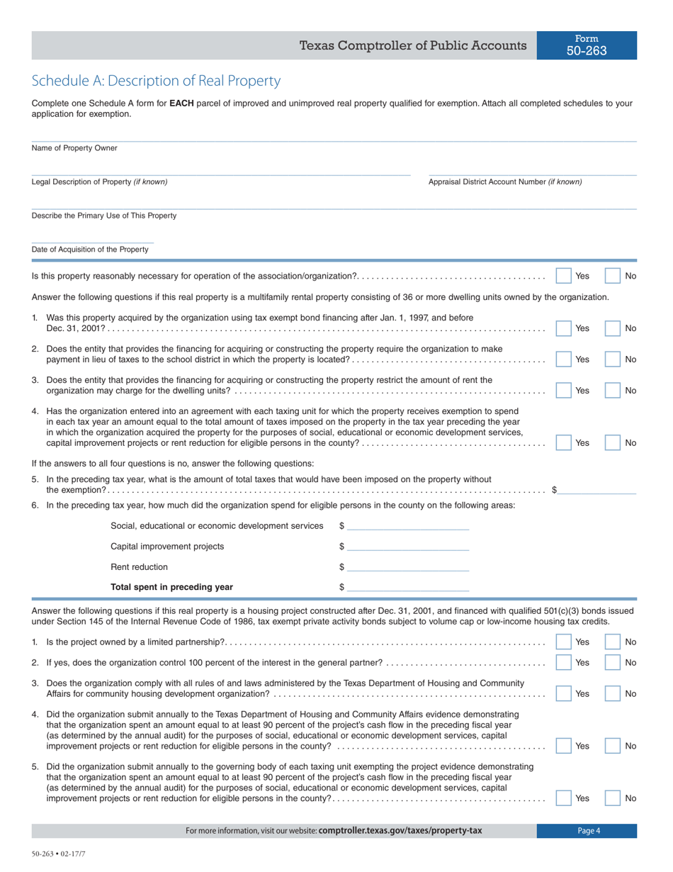 Form 50-263 Application for Community Housing Development Organization Improving Property for Low-Income and Moderate-Income Housing Property Tax Exemption Previously Exempt in 2003 - Texas, Page 4
