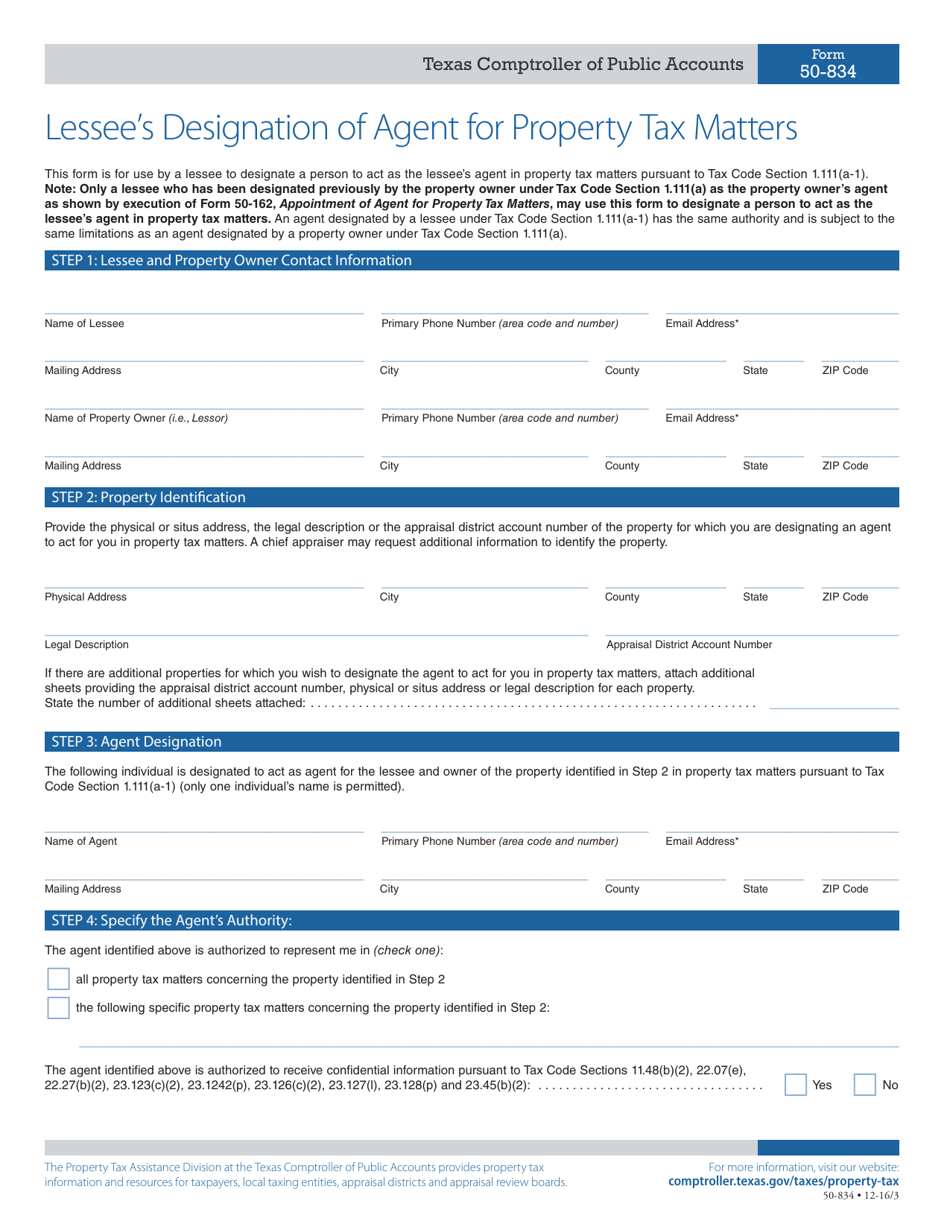 Form 50-834 Lessees Designation of Agent for Property Tax Matters - Texas, Page 1