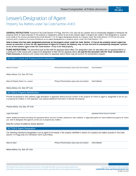 Document preview: Form 50-864 Lessee's Designation of Agent - Property Tax Matters Under Tax Code Section 41.413 - Texas