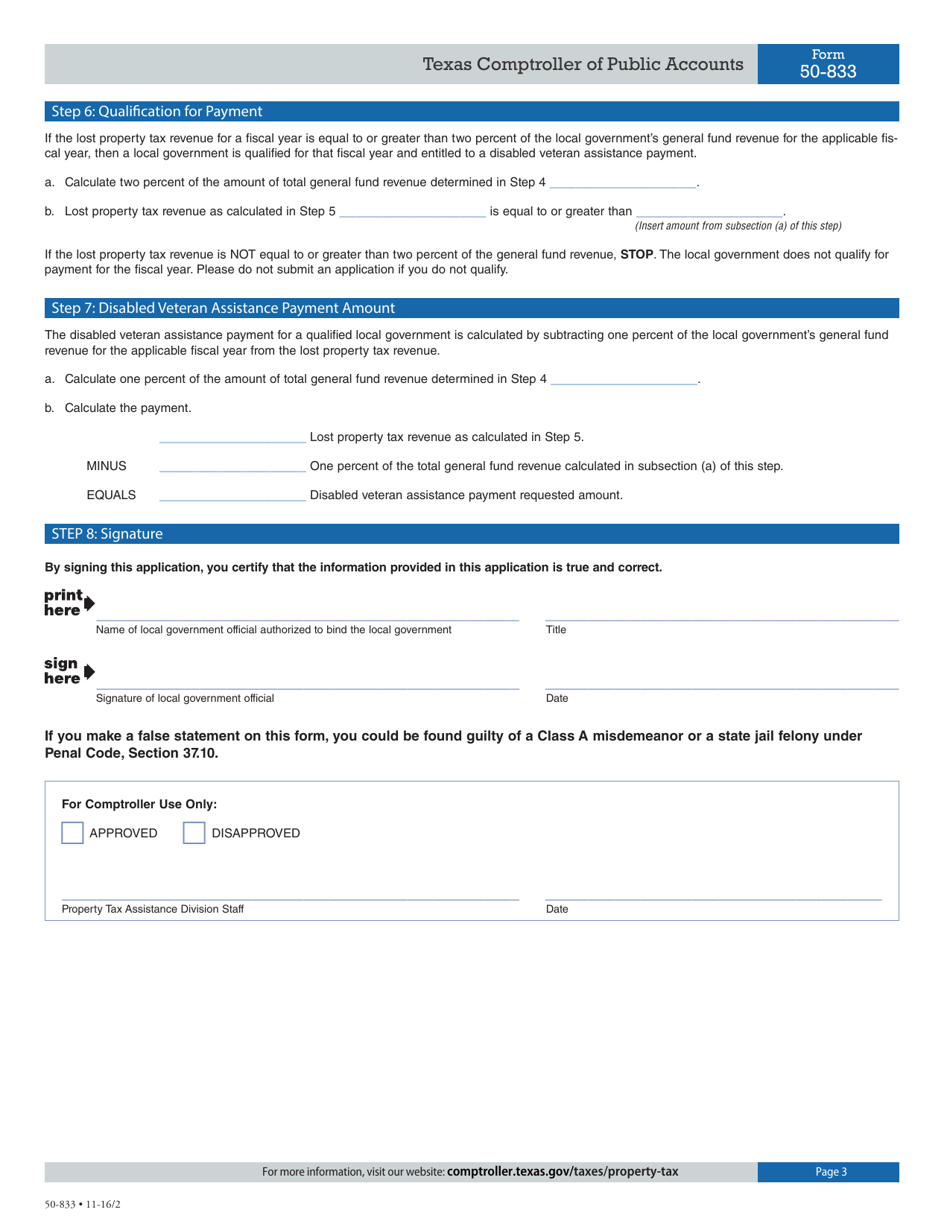 Form 50-833 Local Governments Disproportionately Affected by Disabled Veterans Exemption - Texas, Page 3