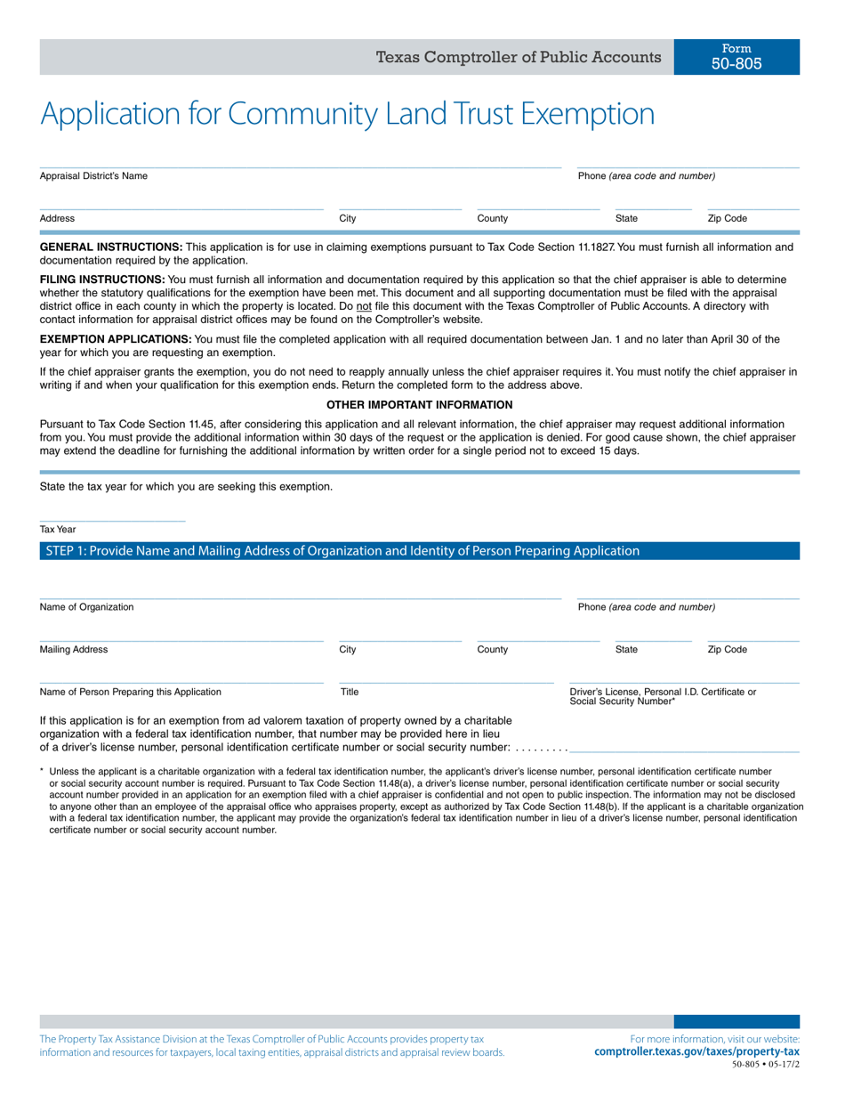Form 50-805 Application for Community Land Trust Exemption - Texas, Page 1
