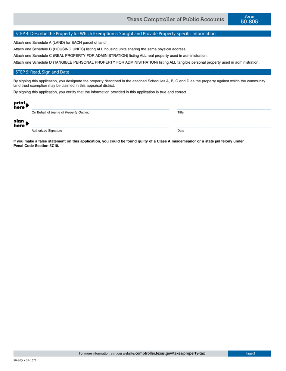 Form 50-805 Application for Community Land Trust Exemption - Texas, Page 3