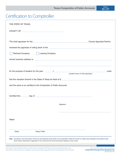 Form 50-137 Certification to Comptroller - Texas