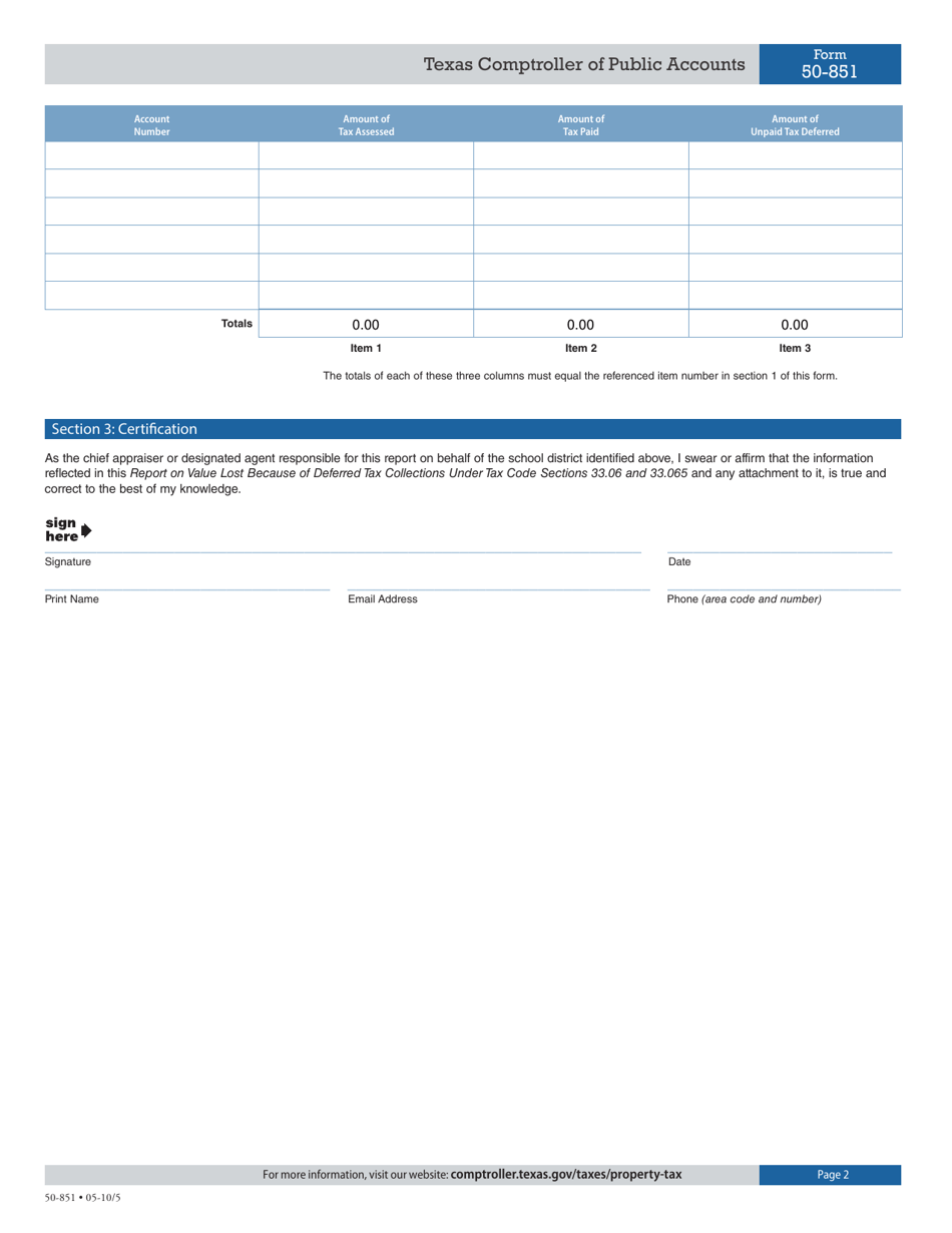Form 50-851 Report on Value Lost Because of Deferred Tax Collections Under Tax Code Sections 33.06 and 33.065 - Texas, Page 2