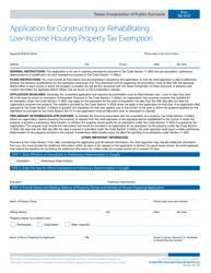 Document preview: Form 50-310 Application for Constructing or Rehabilitating Low-Income Housing Property Tax Exemption - Texas