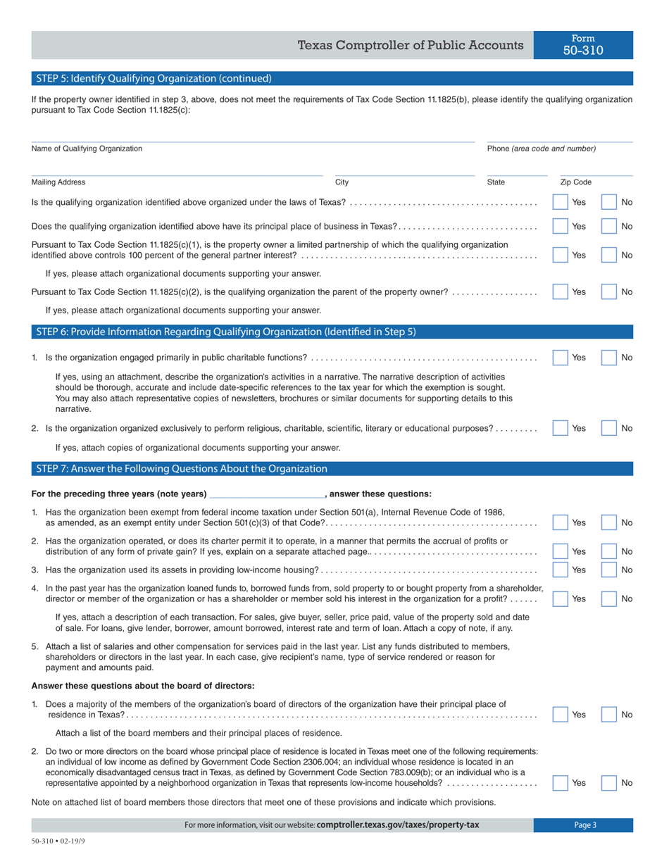Form 50-310 Application for Constructing or Rehabilitating Low-Income Housing Property Tax Exemption - Texas, Page 3