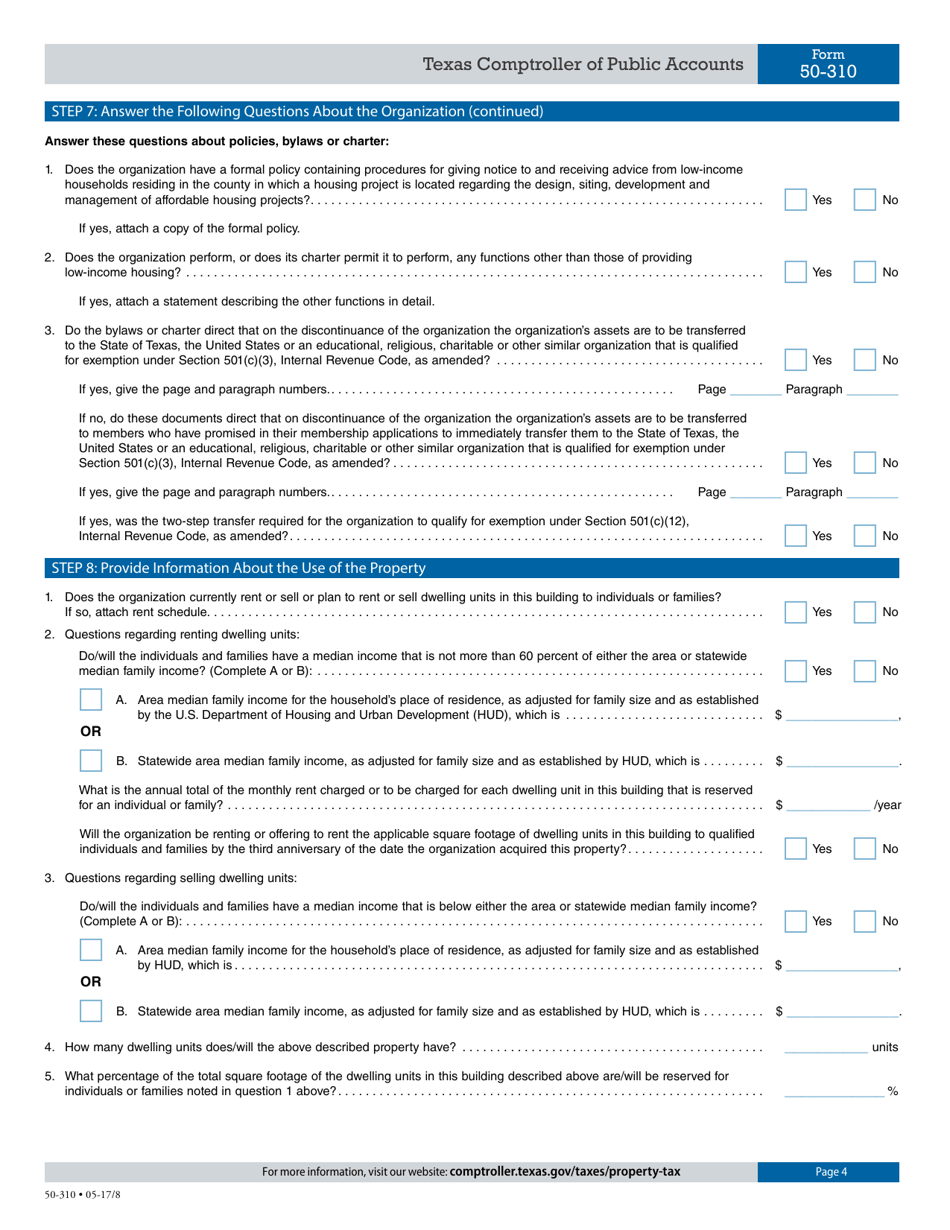 Form 50-310 Application for Constructing or Rehabilitating Low-Income Housing Property Tax Exemption - Texas, Page 4