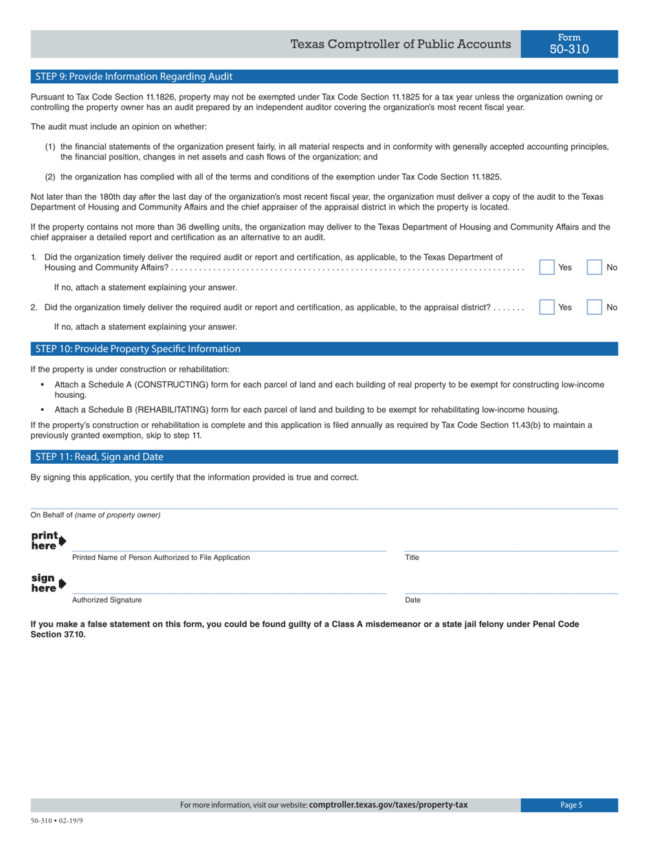Form 50-310 Application for Constructing or Rehabilitating Low-Income Housing Property Tax Exemption - Texas, Page 5