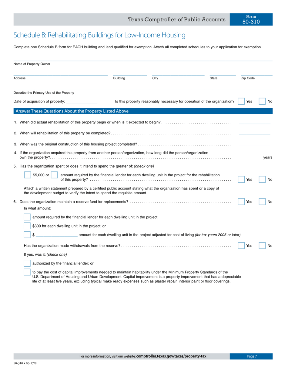 Form 50-310 Application for Constructing or Rehabilitating Low-Income Housing Property Tax Exemption - Texas, Page 7