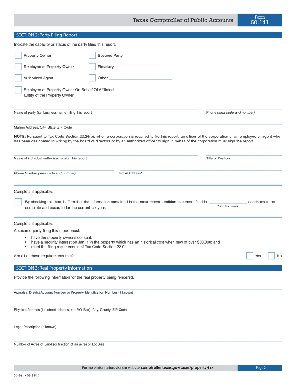 Form 50-141 General Real Property Rendition of Taxable Property - Texas, Page 2