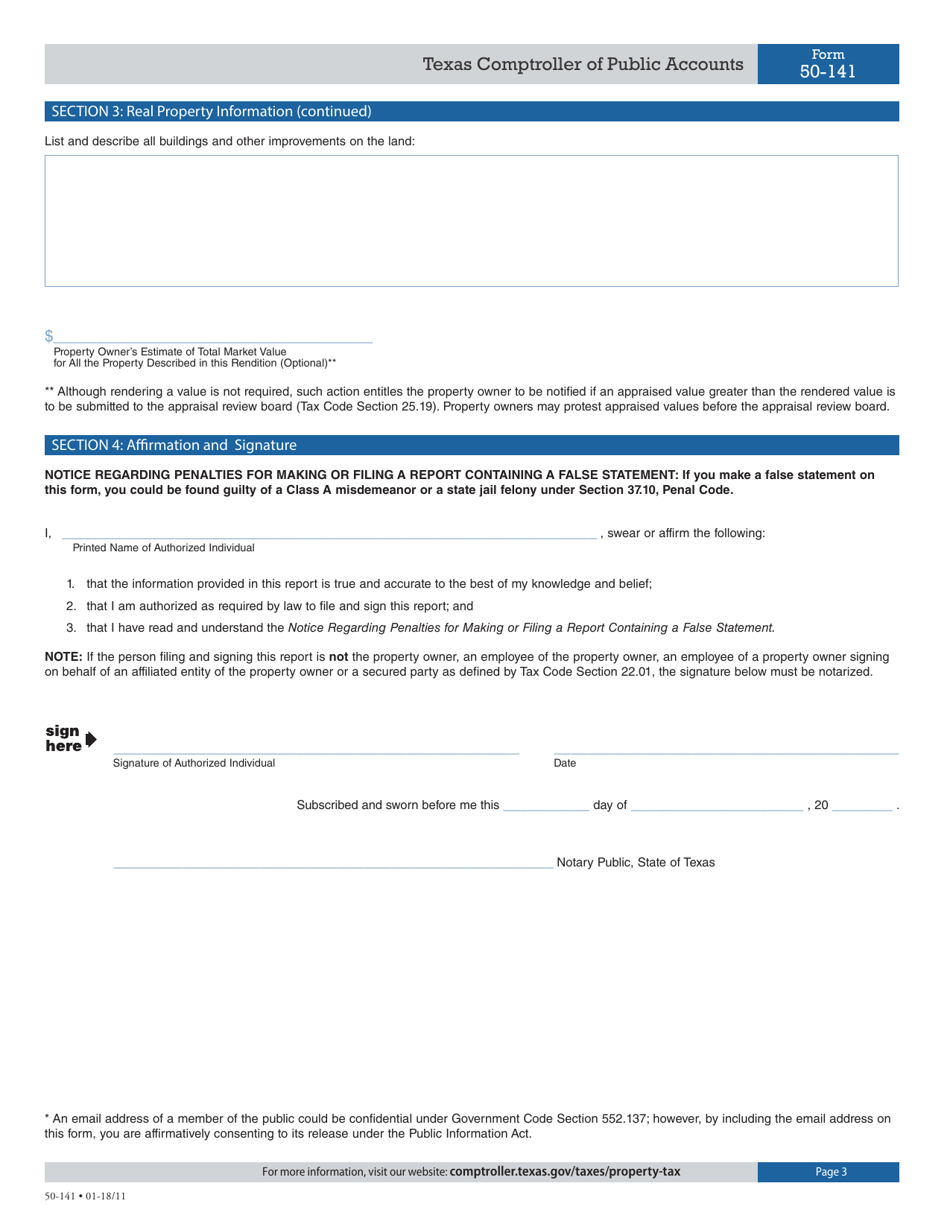 Form 50-141 General Real Property Rendition of Taxable Property - Texas, Page 3