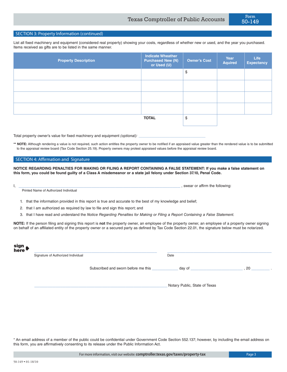 Form 50-149 Industrial Real Property Rendition of Taxable Property - Texas, Page 3