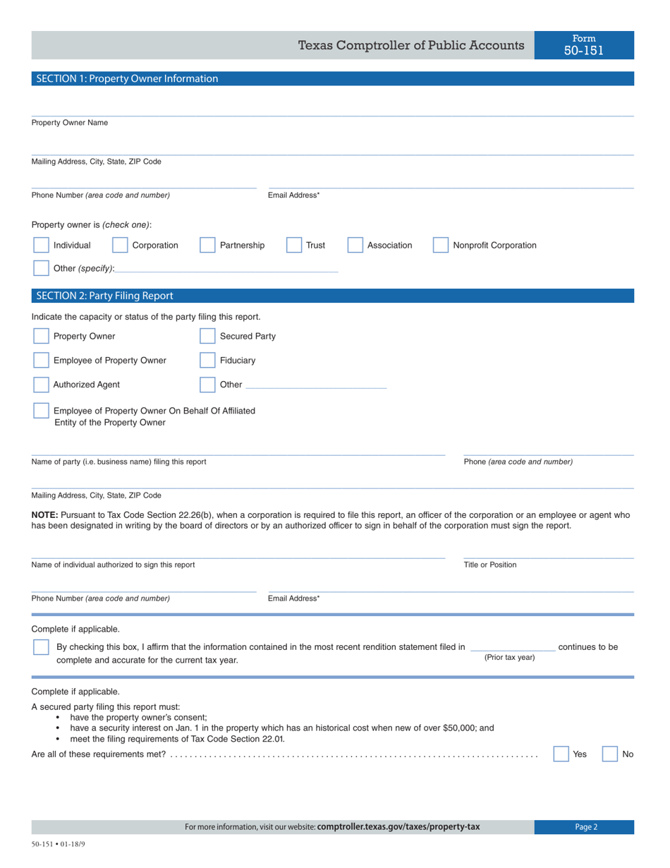 Form 50-151 Mine and Quarry Rendition of Taxable Property - Texas, Page 2