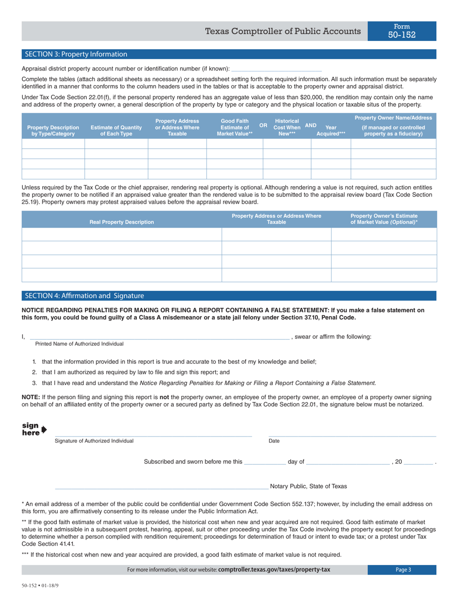 Form 50-152 Telephone Company Rendition of Taxable Property - Texas, Page 3