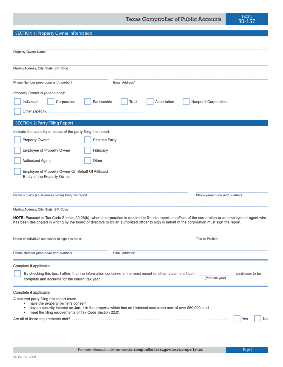 Form 50-157 Pipeline and Right of Way Rendition of Taxable Property - Texas, Page 2
