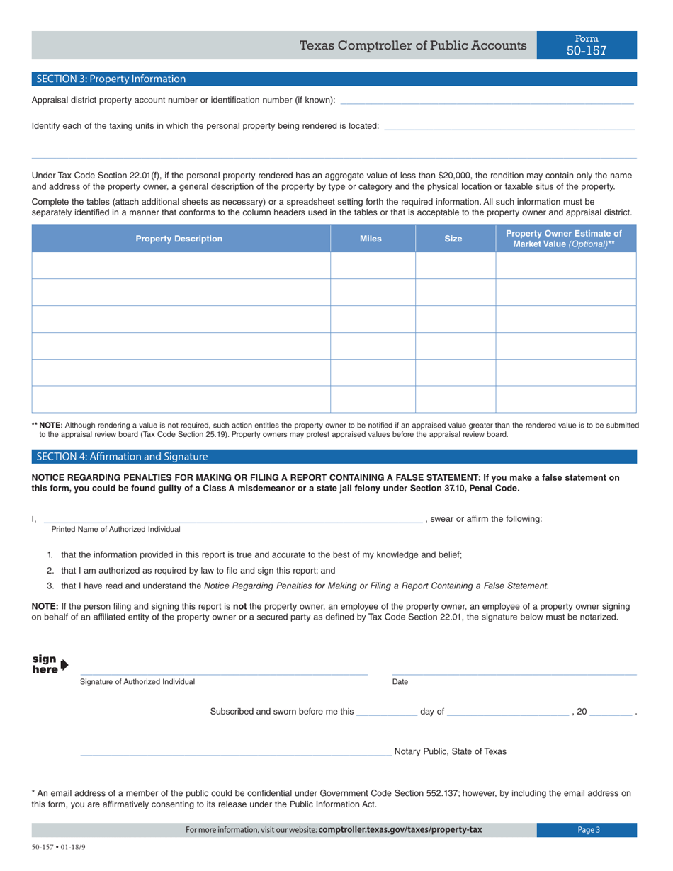 Form 50-157 Pipeline and Right of Way Rendition of Taxable Property - Texas, Page 3