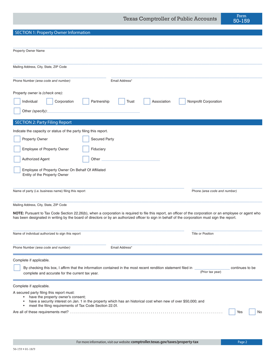 Form 50-159 Aircraft Rendition of Taxable Property - Texas, Page 2