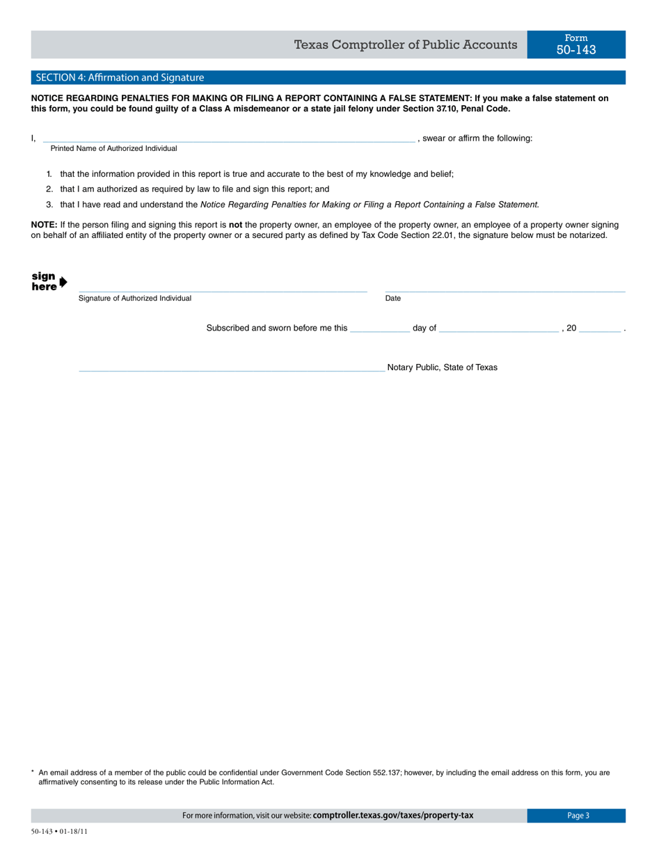 Form 50-143 Rendition of Residential Real Property Inventory - Texas, Page 3