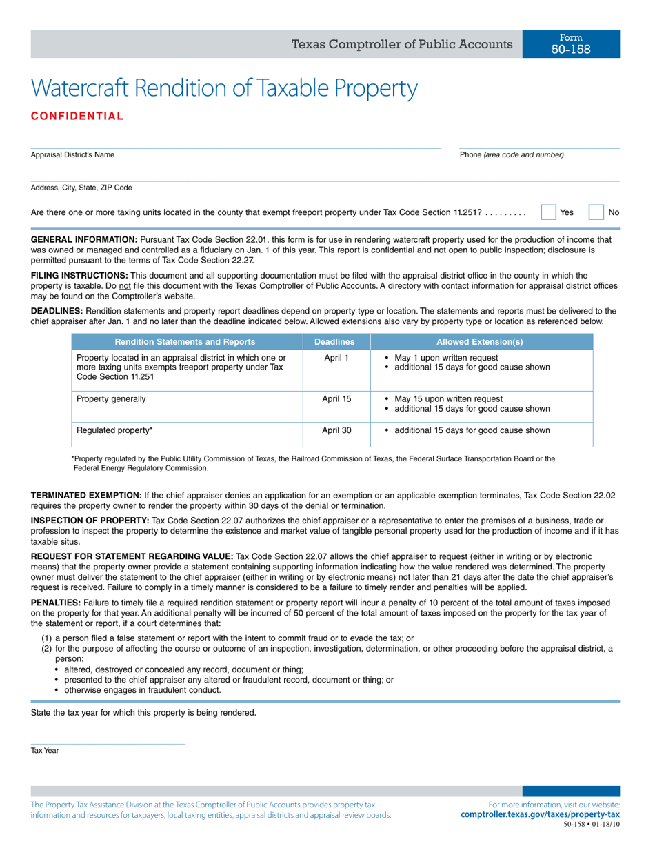 Form 50-158 Watercraft Rendition of Taxable Property - Texas, Page 1