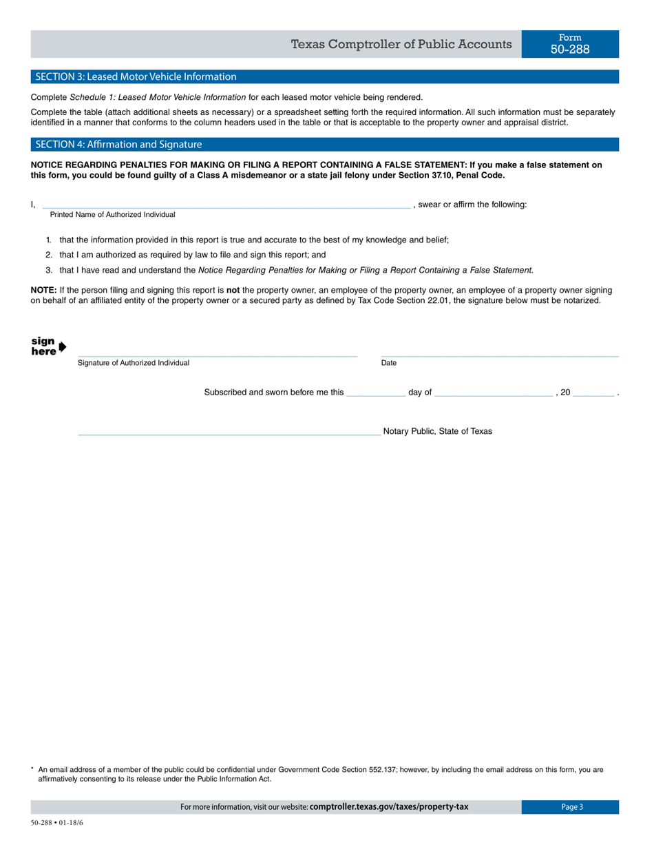 Form 50-288 Lessors Rendition or Property Report - Leased Automobiles - Texas, Page 3