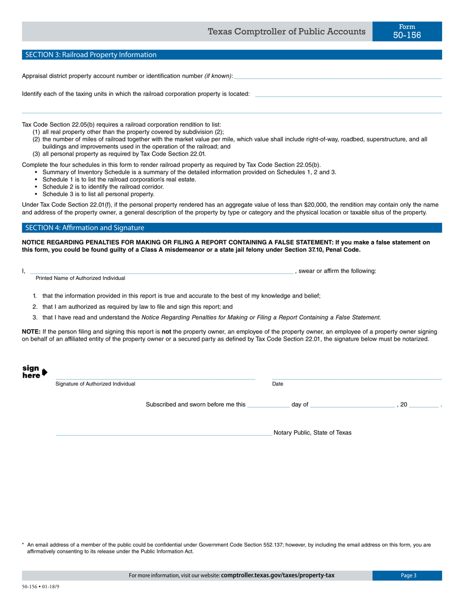 Form 50-156 Railroad Rendition of Taxable Property - Texas, Page 3