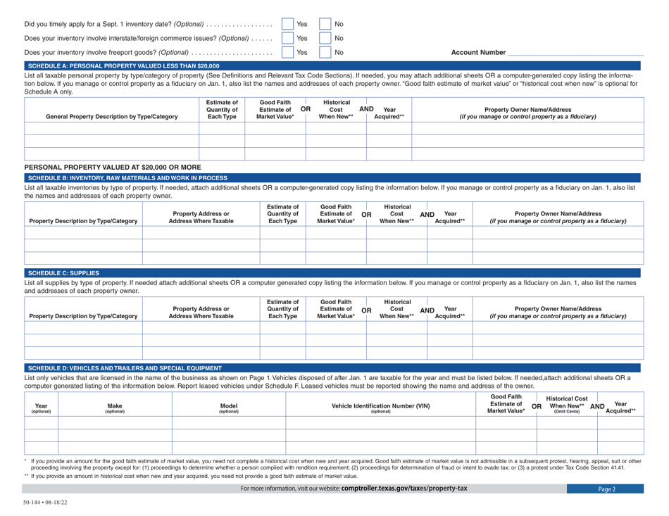 Form 50-144 Business Personal Property Rendition of Taxable Property - Texas, Page 2