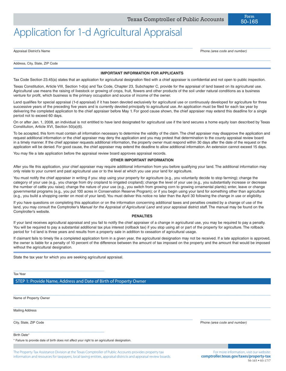 Form 50-165 Application for 1-d Agricultural Appraisal - Texas, Page 1