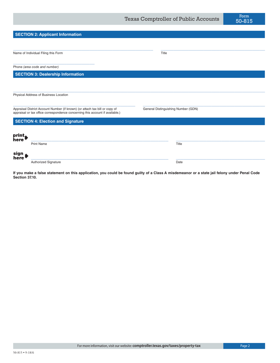 Form 50-815 - Fill Out, Sign Online and Download Fillable PDF, Texas ...