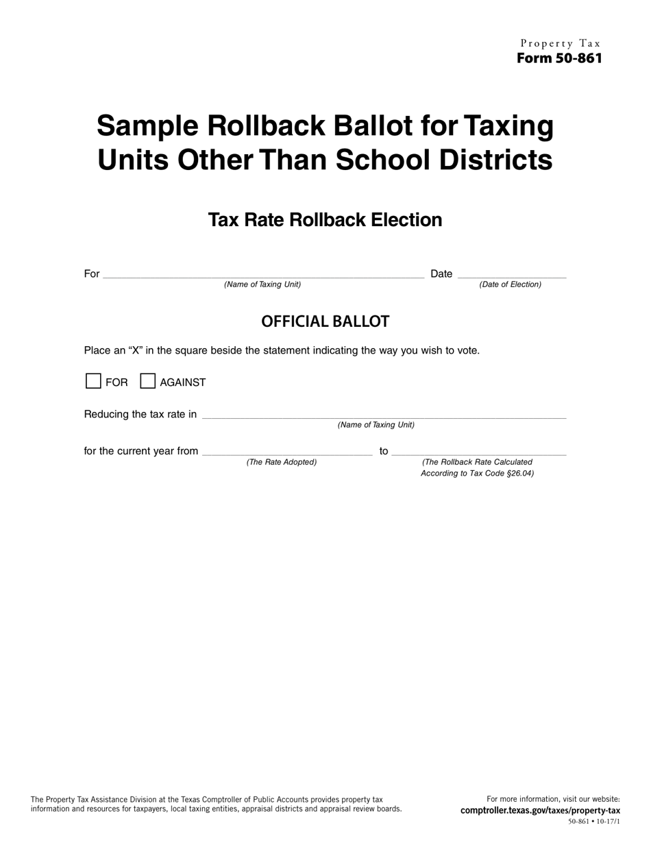 Form 50-861 Sample Rollback Ballot for Taxing Units Other Than School Districts - Tax Rate Rollback Election - Texas, Page 1
