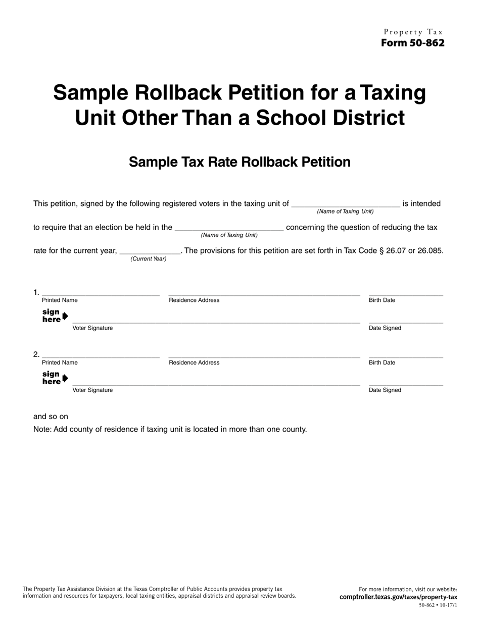 Form 50-862 Sample Rollback Petition for a Taxing Unit Other Than a School District - Sample Tax Rate Rollback Petition - Texas, Page 1
