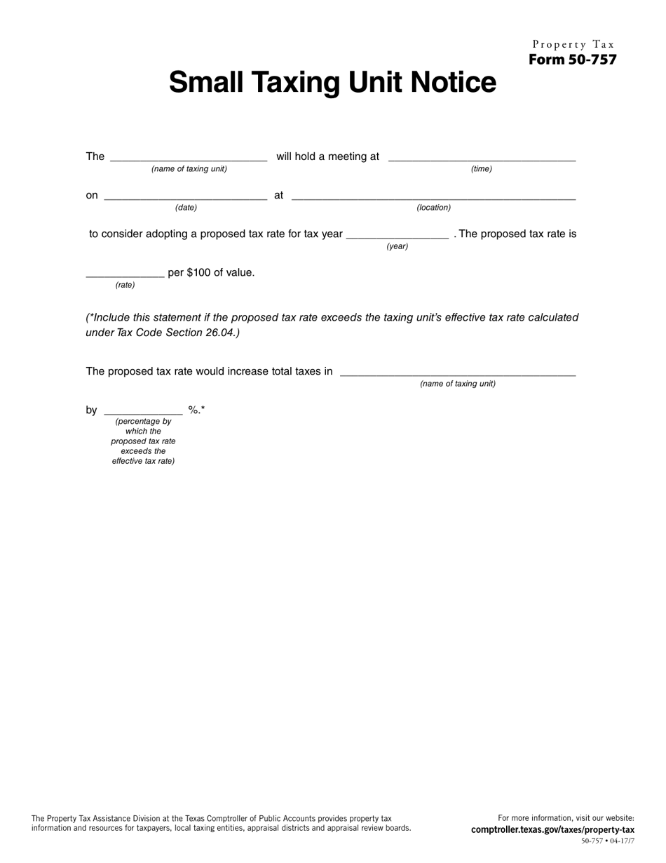 Form 50-757 Small Taxing Unit Notice - Texas, Page 1