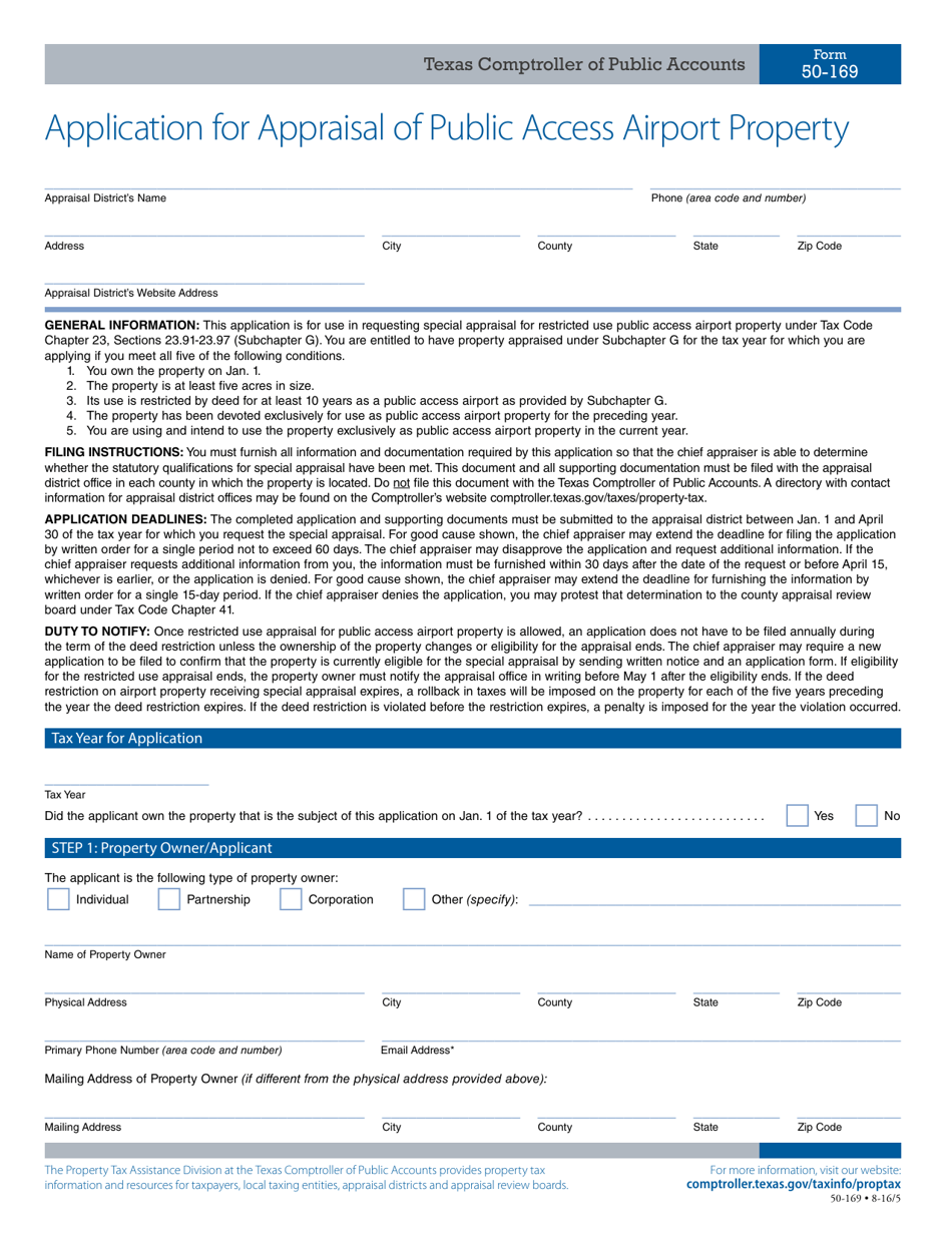Form 50-169 Application for Appraisal of Public Access Airport Property - Texas, Page 1