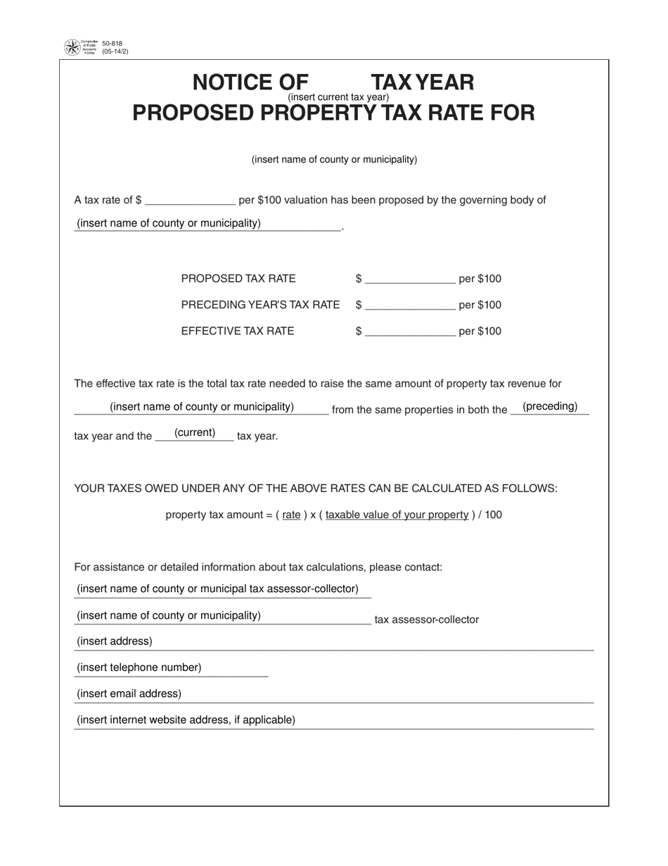 Form 50-818 Notice of Proposed Tax Rate - Texas, Page 1